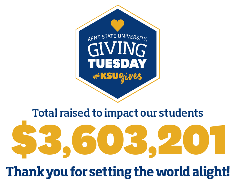 Kent State University Giving Tuesday 2022 - Total raised to impact our students - $3,603,201 - Thank you for setting the world alight!